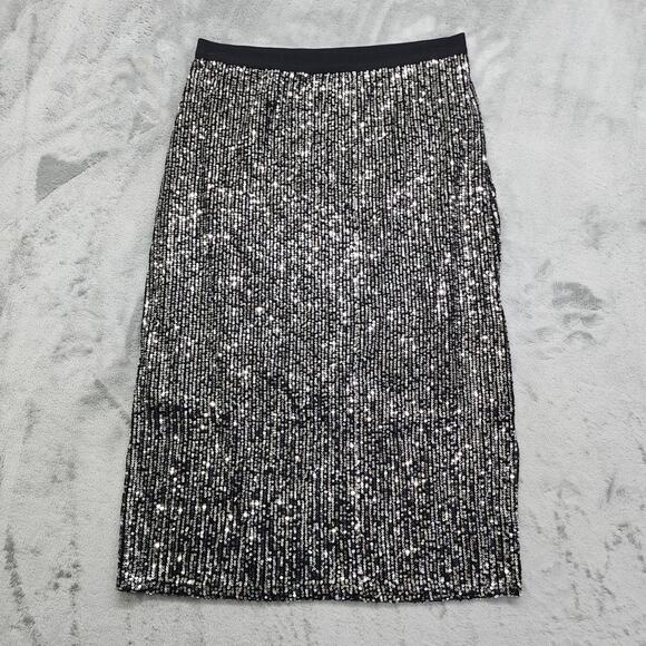 Rafaella Skirt Womens M Black Silver Sequin Midi Pull On Stretch Side Slit Party - Picture 1 of 9
